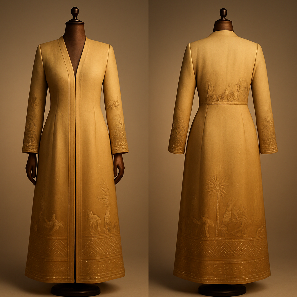 Light lighting to highlight the beauty of the abaya
"Ghawafil Al-Khaleej" ankle-length abaya on a polished dark-wood mannequin, full-body 3/4 pose. Fabric: silk-georgette gradient from sand to warm gold, wide front panel, straight vertical collar with a deep plunging V front opening extending directly down from the neck toward the hem (no rounded neckline). Subtle, shallow waist shaping achieved with soft, barely-visible darts and light princess seams at the natural waist to gently define the silhouette while preserving elegant drape and modest movement. Fitted narrow sleeves ending at the wrists, gold zardozi embroidery of camel caravans, dhow sails and palm motifs in geometric patterns, mother-of-pearl beads and subtle sequins along hems and panels. Warm sunset studio lighting to highlight fabric texture and bead shimmer, soft neutral background, emphasis on vertical line, graceful waist shaping detail, ultra-detailed photorealistic, high-resolution, shallow depth of field. --ar 4:5 --v 5 --q 2 --stylize 1000
Light lighting to highlight the beauty of the abaya
"Ghawafil Al-Khaleej" ankle-length abaya on a polished dark-wood mannequin, full-body 3/4 pose. Fabric: silk-georgette gradient from sand to warm gold, wide front panel, straight vertical collar with a deep plunging V front opening extending directly down from the neck toward the hem (no rounded neckline). Subtle, shallow waist shaping achieved with soft, barely-visible darts and light princess seams at the natural waist to gently define the silhouette while preserving elegant drape and modest movement. Fitted narrow sleeves ending at the wrists, gold zardozi embroidery of camel caravans, dhow sails and palm motifs in geometric patterns, mother-of-pearl beads and subtle sequins along hems and panels. Warm sunset studio lighting to highlight fabric texture and bead shimmer, soft neutral background, emphasis on vertical line, graceful waist shaping detail, ultra-detailed photorealistic, high-resolution, shallow depth of field. --ar 4:5 --v 5 --q 2 --stylize 1000, show front and back