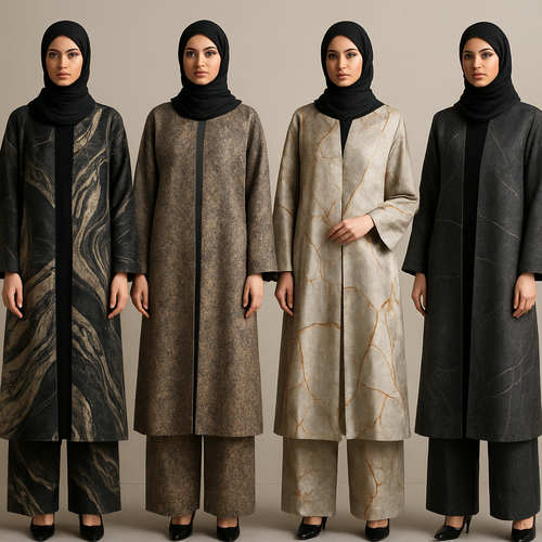 Create a modest abaya and loose pant, first of its kind, featuring a unique stone design that exudes a classy and sophisticated vibe. I'd like four designs, each showcasing different styles and fabrics. Incorporate high-end, unique chic stone designs to make them truly special. Add little sophisticated stone designs. Make it irresistible with designs that stands out.