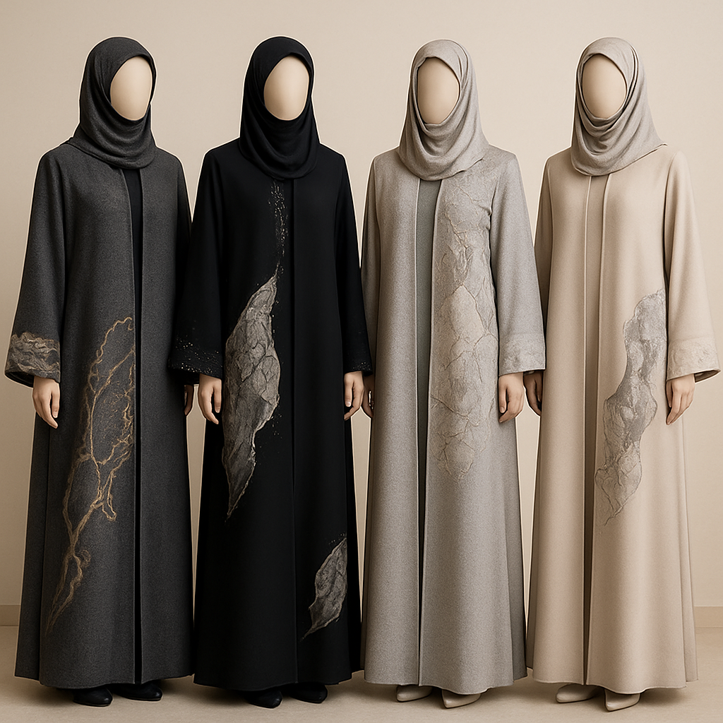 Create a modest two piece abaya, first of its kind, featuring a unique stone design that exudes a classy and sophisticated vibe. I'd like four designs, each showcasing different styles and fabrics. Incorporate high-end, unique chic stone designs to make them truly special. Add little sophisticated stone designs. Make it irresistible!
Create a modest two piece abaya, first of its kind, featuring a unique stone design that exudes a classy and sophisticated vibe. I'd like four designs, each showcasing different styles and fabrics. Incorporate high-end, unique chic stone designs to make them truly special. Add little sophisticated stone designs. Make it irresistible!