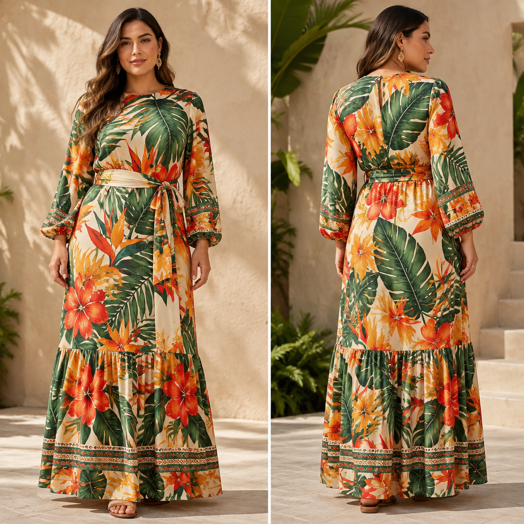 A Female Dress design, with modest, full coverage: longer hemlines, higher necklines and covered shoulders, suitable for Spring. Consider Brazilian fashion — bold colors, body-positive, beachwear influence, tropical prints, carnival vibrancy. Current season is Spring in Brazil. Present it as professional fashion catalogue photography: the garment is the subject, shown full-length with editorial styling, neutral posing and tasteful, non-suggestive framing.
photorealistic fashion design, A Female Dress design, with modest, full coverage: longer hemlines, higher necklines and covered shoulders, suitable for Spring. Consider Brazilian fashion — bold colors, body-positive, beachwear influence, tropical prints, carnival vibrancy. Current season is Spring in Brazil. Present it as professional fashion catalogue photography: the garment is the subject, shown full-length with editorial styling, neutral posing and tasteful, non-suggestive framing., just the design no text