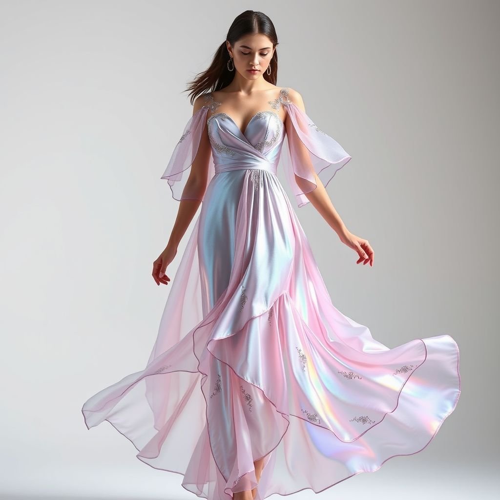 Slim thick flowy dress
Envision a slim thick flowy dress crafted from iridescent silk, cascading like water. The design features a fitted, bodice-enhancing silhouette that gracefully flares into an ethereal, tiered skirt. Delicate, asymmetrical sleeves add a touch of whimsy, while subtle metallic embroidery captures light, creating a mesmerizing shimmer with every movement. Perfect for elegant soirées.