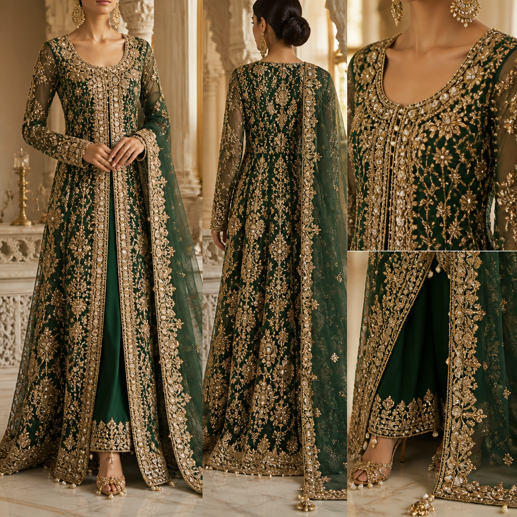 A Female Dress design, suitable for Summer. Dress Name: Shehnai Royale
Category: Pakistani Luxury 3-Piece Dress
Style: Royal Mughal Elegance
Color: Deep Emerald Green with Antique Gold
Fabric:
- Shirt: Pure Organza
- Inner: Raw Silk
- Trouser: Raw Silk
- Dupatta: Heavy Organza
Shirt Design:
- Long Front-Open Shirt
- Floor-Length
- Heavily Embellished Front Panel
- Intricate Zari, Dabka, Sequins, and Pearl Work
- Handcrafted Floral and Mughal Motifs
Neckline:
- Deep Rounded Royal Neck
- Fully Embroidered Border
- Pearl and Stone Detailing
Sleeves:
- Full-Length Fitted Sleeves
- Heavy Embroidery from Shoulder to Cuff
- Scalloped Embroidered Cuffs
Trouser:
- Straight Raw Silk Pants
- Embroidered Hem Border
- Pearl Detailing
Dupatta:
- Heavy Organza Dupatta
- Four-Sided Embroidered Border
- Scattered Sequins and Pearl Spray
- Decorative Tassels on Corners
Design Details:
- Antique Gold Zari Work
- Dabka and Naqshi Embellishments
- Crystal Stones
- Pearls and Sequins
- Scalloped Edges
- Layered Luxury Finish
Target Customer:
Women (18–40 Years)
Occasion:
Wedding, Barat, Engagement, Reception, Formal Events
Overall Look:
A majestic Pakistani luxury ensemble inspired by Mughal royalty, featuring rich embellishments, intricate craftsmanship, and an elegant silhouette that creates a grand bridal or wedding-guest look.. Pakistan fashion aesthetics. Design with modest coverage.
photorealistic fashion design, A Female Dress design, suitable for Summer. Dress Name: Shehnai Royale
Category: Pakistani Luxury 3-Piece Dress
Style: Royal Mughal Elegance
Color: Deep Emerald Green with Antique Gold
Fabric:
- Shirt: Pure Organza
- Inner: Raw Silk
- Trouser: Raw Silk
- Dupatta: Heavy Organza
Shirt Design:
- Long Front-Open Shirt
- Floor-Length
- Heavily Embellished Front Panel
- Intricate Zari, Dabka, Sequins, and Pearl Work
- Handcrafted Floral and Mughal Motifs
Neckline:
- Deep Rounded Royal Neck
- Fully Embroidered Border
- Pearl and Stone Detailing
Sleeves:
- Full-Length Fitted Sleeves
- Heavy Embroidery from Shoulder to Cuff
- Scalloped Embroidered Cuffs
Trouser:
- Straight Raw Silk Pants
- Embroidered Hem Border
- Pearl Detailing
Dupatta:
- Heavy Organza Dupatta
- Four-Sided Embroidered Border
- Scattered Sequins and Pearl Spray
- Decorative Tassels on Corners
Design Details:
- Antique Gold Zari Work
- Dabka and Naqshi Embellishments
- Crystal Stones
- Pearls and Sequins
- Scalloped Edges
- Layered Luxury Finish
Target Customer:
Women (18–40 Years)
Occasion:
Wedding, Barat, Engagement, Reception, Formal Events
Overall Look:
A majestic Pakistani luxury ensemble inspired by Mughal royalty, featuring rich embellishments, intricate craftsmanship, and an elegant silhouette that creates a grand bridal or wedding-guest look.. Pakistan fashion aesthetics. Design with modest coverage., just the design no text