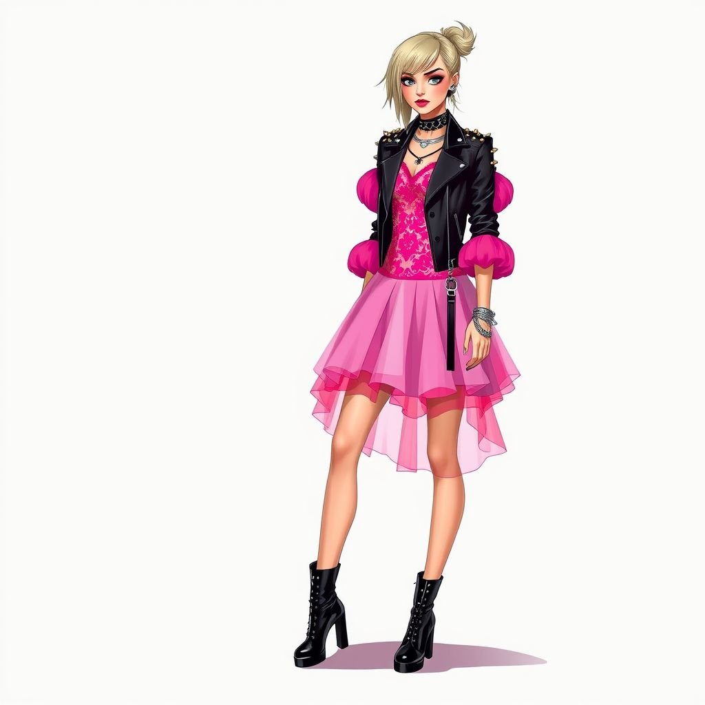 Hot pink, lace, tulle, mini, mutton sleeves
Design a fierce rock-inspired ensemble featuring a hot pink lace mini dress with ethereal tulle accents. Highlight dramatic mutton sleeves that add an avant-garde twist. Pair with edgy biker boots, a studded leather jacket, and bold silver accessories. The look embodies punk rebellion, merging playful femininity with rock 'n' roll attitude.