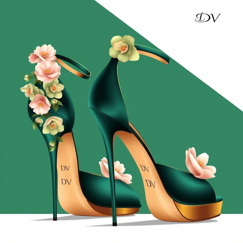 High heels, with flowers on it. Put the initial “DV” on it.
Design a pair of elegant high heels featuring a sleek stiletto silhouette, adorned with delicate silk flowers cascading from the ankle strap. The heels should incorporate a luxurious color palette of deep emerald and gold accents. Emboss the initials "DV" in a sophisticated font on the heel for a signature touch.
