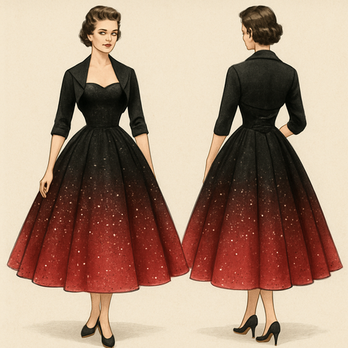 1950’s prom dress. Black fading into red with a petty coat. Sequins all around the skirt with a corset back.