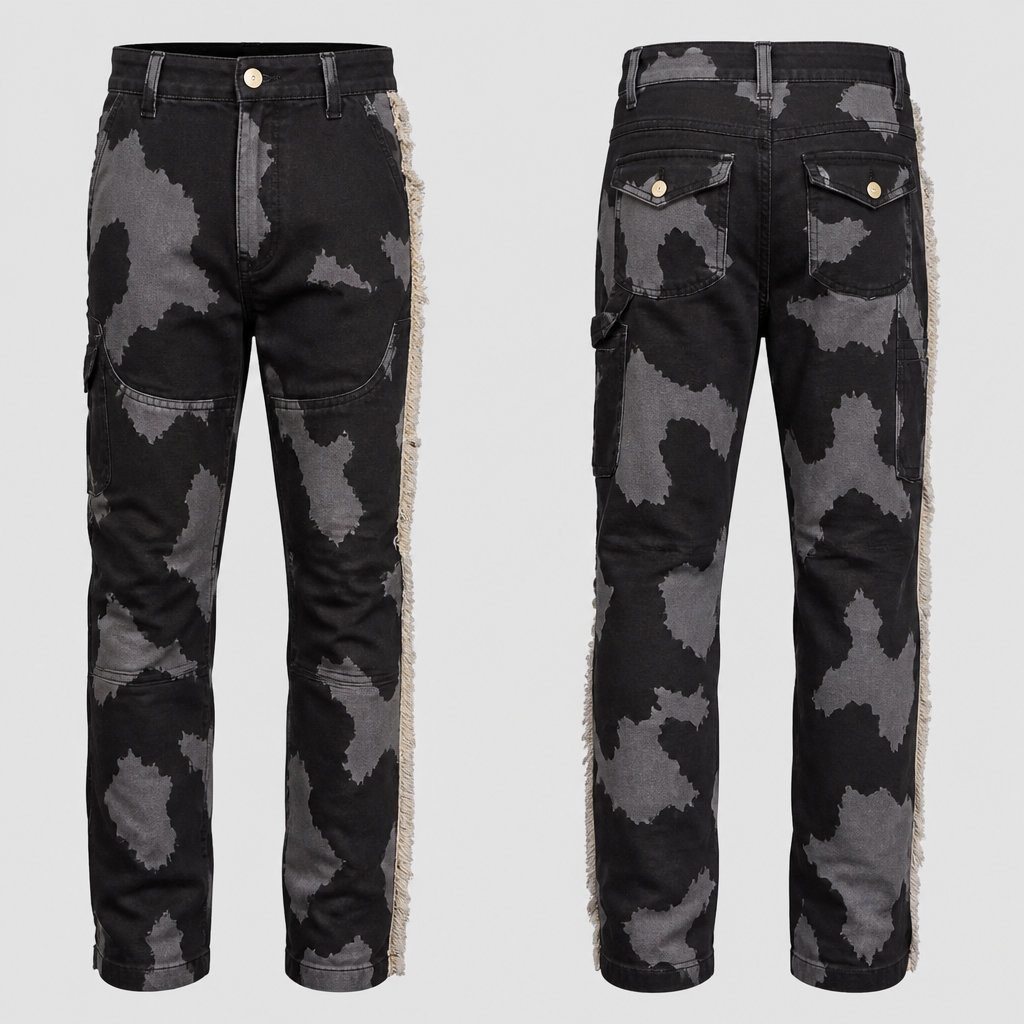African cotton jeans in Zulu cow hide style with a cotton fray on the left side of the pants from the waist to the hem as a brand identifier. The pants in black and dark grey colour aesthetic and buttons that look like an animal tooth like a lion or shark. For men
photorealistic fashion design, African cotton jeans in Zulu cow hide style with a cotton fray on the left side of the pants from the waist to the hem as a brand identifier. The pants in black and dark grey colour aesthetic and buttons that look like an animal tooth like a lion or shark. For men, safari style, just the design no text, show front and back