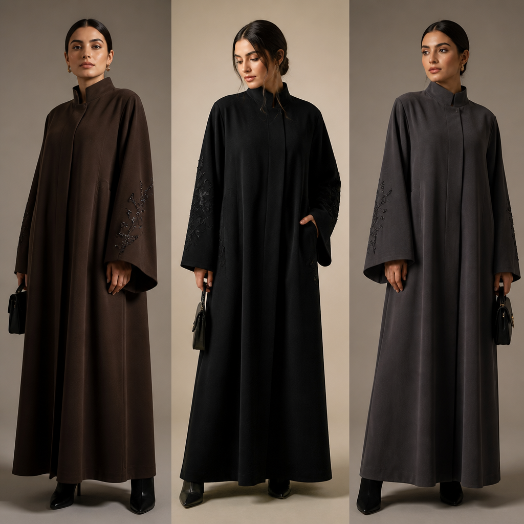 A Female Abaya design, suitable for Winter. عايزه جلابيه موديلات شبيهه للصوره اللي عندك دي لفوق عايزه حاجات تكون فخمه وجديده وتكون شيك. Egypt fashion aesthetics. Present it as professional fashion catalogue photography: the garment is the subject, shown full-length with editorial styling, neutral posing and tasteful, non-suggestive framing.
photorealistic fashion design, A Female Abaya design, suitable for Winter. عايزه جلابيه موديلات شبيهه للصوره اللي عندك دي لفوق عايزه حاجات تكون فخمه وجديده وتكون شيك. Egypt fashion aesthetics. Present it as professional fashion catalogue photography: the garment is the subject, shown full-length with editorial styling, neutral posing and tasteful, non-suggestive framing., just the design no text