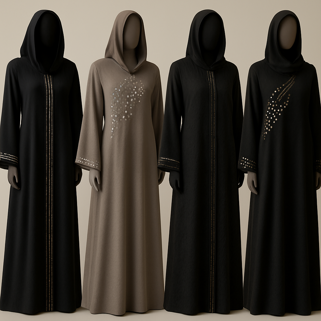 Create me modest abaya that's first in the world, using unique stone design, classy and sophisticated. Keep me 4 designs. Make them rich by adding minimal stone embroidery and stones designs. Showcasing different styles and fabric.
Create me modest abaya that's first in the world, using unique stone design, classy and sophisticated. Keep me 4 designs. Make them rich by adding minimal stone embroidery and stones designs. Showcasing different styles and fabric.