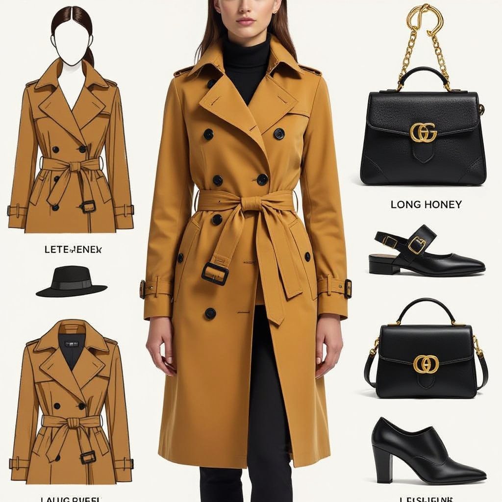 ترنچ کت بلند عسلی با دکمه های مشکی
Long honey trench coat with black buttons.
