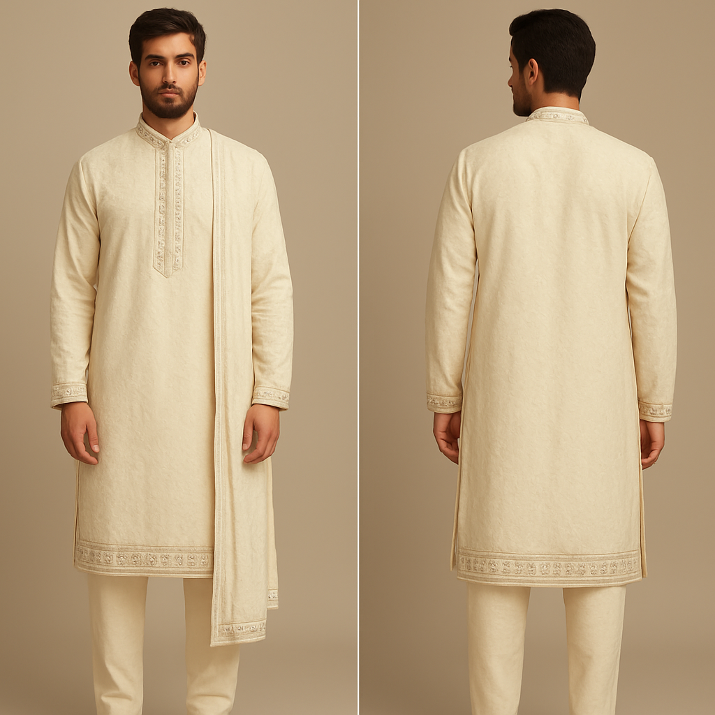 Ivory colour embroidered 3 piece kurta set for men with mirror worker border
Ivory colour embroidered 3 piece kurta set for men with mirror worker border, show front and back