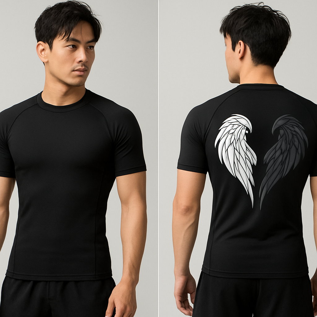 Black base short sleeve compression jujitsu rash guard shirt. 2 angle wings on the back, one white and the other dark gray. Make the wings kinda form a shape of a heart without making it too obnoxious so the wings look natural still 

Black base short sleeve compression jujitsu rash guard shirt. 2 angle wings on the back, one white and the other dark gray. Make the wings kinda form a shape of a heart without making it too obnoxious so the wings look natural still , japanese_street style, show front and back