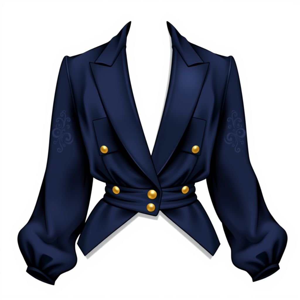 oversized casual blazer for women with open long sleeves
Design a formal women's oversized blazer, exuding sophistication with tailored lapels and a cinched waist to enhance shape. The open long sleeves flow gracefully, featuring intricate embroidery for an added touch of elegance. Choose a rich navy silk fabric, complemented by subtle gold buttons for a stunning, upscale look perfect for upscale events.