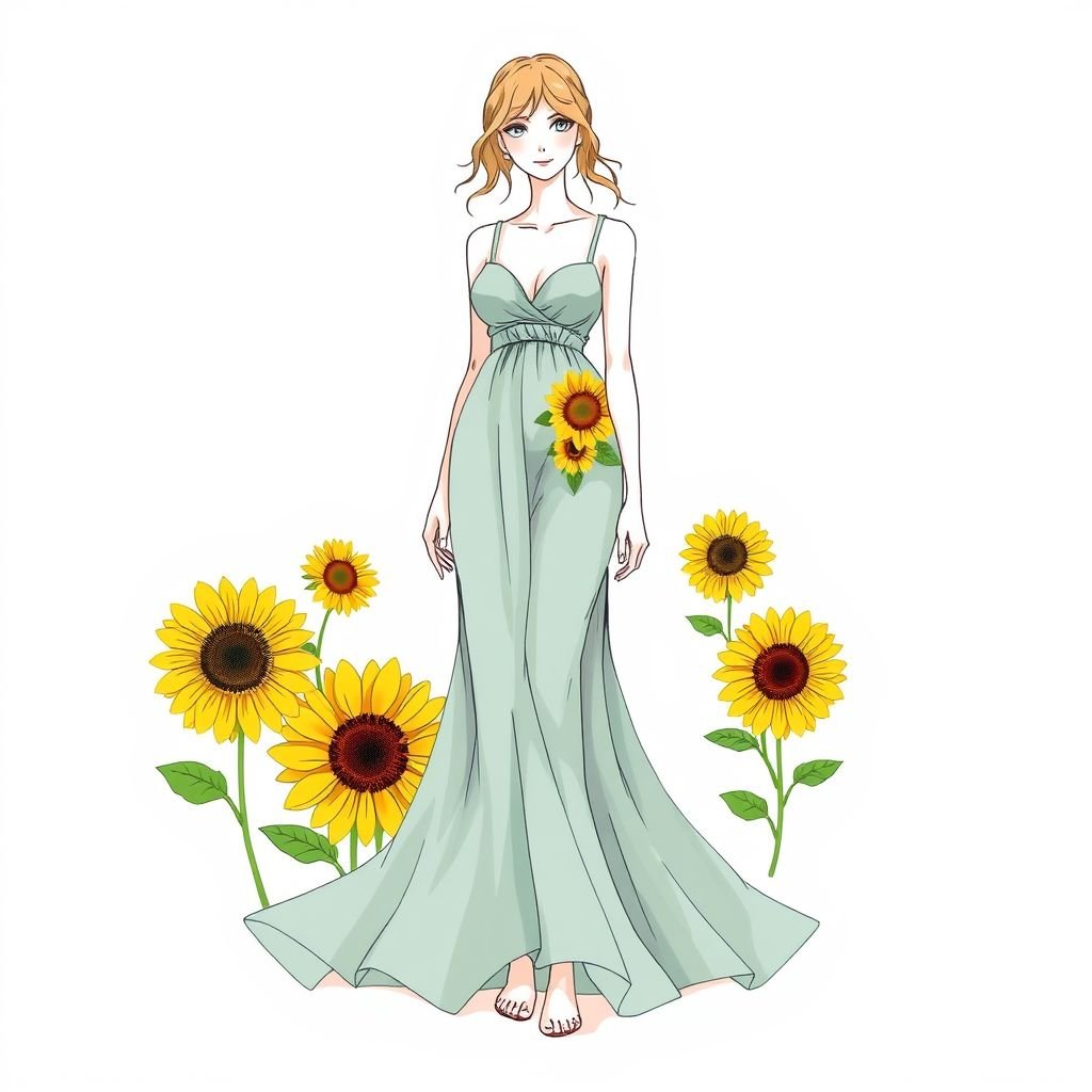 please make a realistic picture a women use a gown inspired by a mermaid and sunflower.
Create a casual fashion design featuring a relaxed, mermaid-inspired gown that flows gracefully to the floor. Incorporate sunflower motifs in vibrant yellows and greens, blending them into the fabric for a laid-back yet whimsical look. The gown should have a lightweight, breathable feel, perfect for sunny days and informal gatherings.
