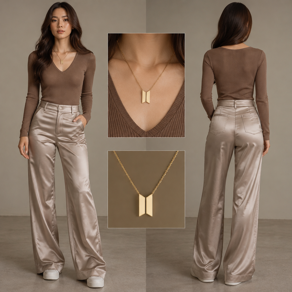 I want an outfit that is neutral brown color for the blouse and v neckline and I want the pants to be silk pants jeans and for the jewelry I want a necklace gold bts army logo
photorealistic fashion design, I want an outfit that is neutral brown color for the blouse and v neckline and I want the pants to be silk pants jeans and for the jewelry I want a necklace gold bts army logo , minimalist style, just the design no text, show front and back
