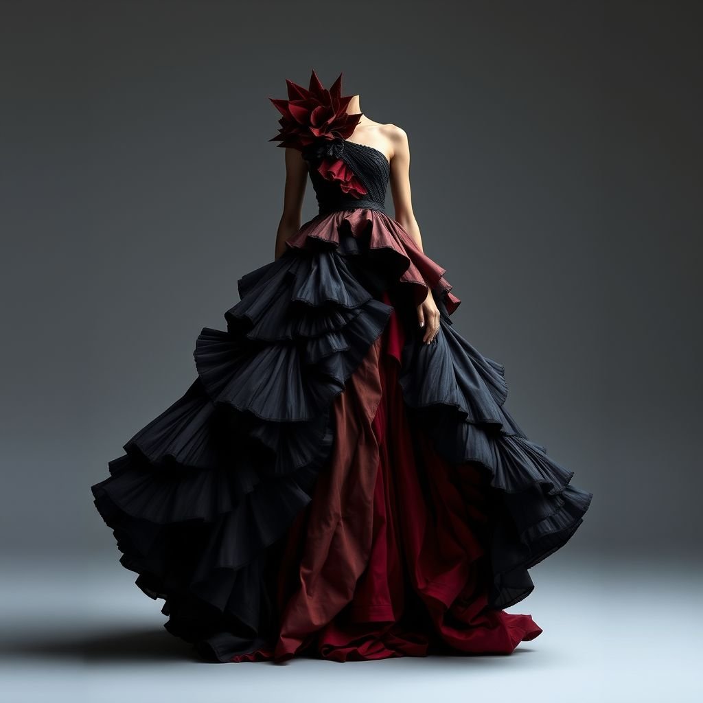 Fancy, Different cuts, but layered, Long Skirt set. Top and Bottom
Imagine a stunning long skirt set embodying the avant-garde essence of Alexander McQueen. Featuring asymmetrical cuts and intricate layering, the skirt flows dramatically, complemented by a structured, sculptural top that boldly contrasts with soft, ethereal fabrics. Rich jewel tones and unexpected textures create a striking visual narrative, pushing the boundaries of couture fashion.