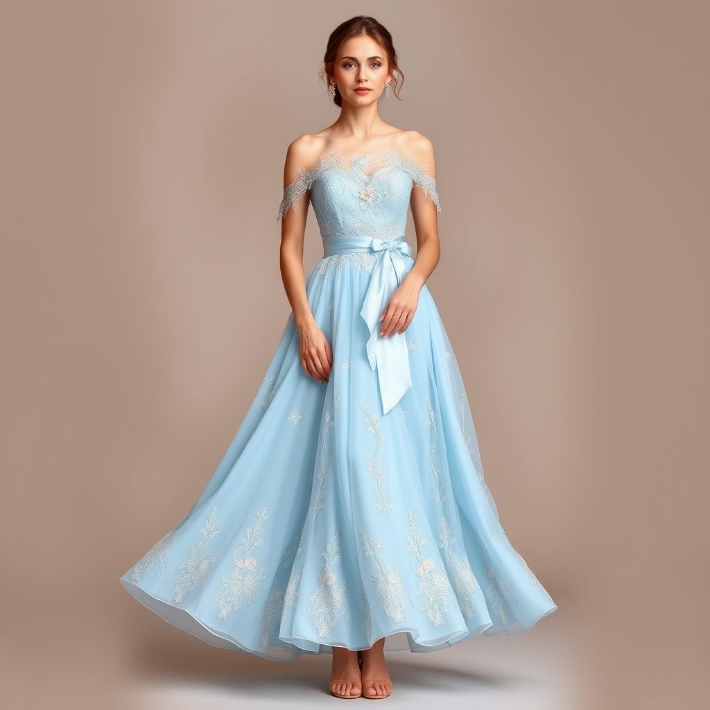 Sky blue godet pre wedding outfit
Design an enchanting sky blue godet pre-wedding outfit featuring a flowing, A-line silhouette adorned with intricate silver lace appliqués. The bodice boasts delicate off-shoulder sleeves, while the godet skirt flares gracefully, creating ethereal movement. Accentuate with pastel floral embroidery and a matching silk belt, embodying romance and whimsical elegance perfect for celebration.