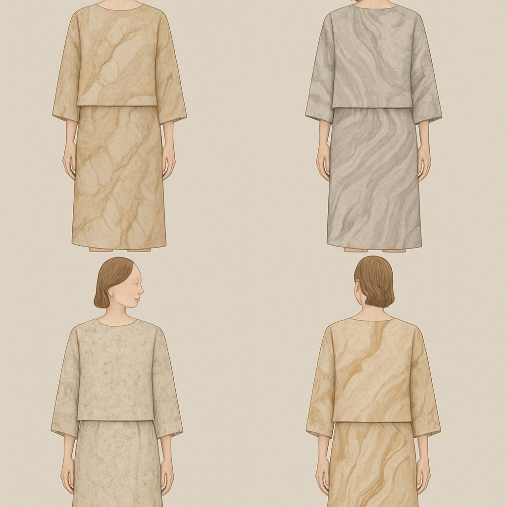 Create a modest two-piece linen set, the first of its kind, featuring a unique stone design that exudes a classy and sophisticated vibe. I’d like four designs, each showcasing different styles and fabrics. Incorporate high-end, unique chic stone designs to make them truly special. Add little sophisticated stone designs.

Create a modest two-piece linen set, the first of its kind, featuring a unique stone design that exudes a classy and sophisticated vibe. I’d like four designs, each showcasing different styles and fabrics. Incorporate high-end, unique chic stone designs to make them truly special. Add little sophisticated stone designs., show front and back