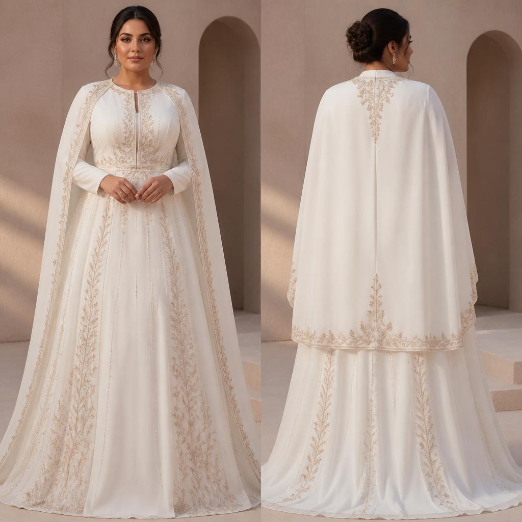 A Female Dress design, for Wedding, suitable for Summer. the dress will be A line fit for a curvy body modest and with a cape to cover the behind till the upper thigh. Qatar fashion aesthetics.
photorealistic fashion design, A Female Dress design, for Wedding, suitable for Summer. the dress will be A line fit for a curvy body modest and with a cape to cover the behind till the upper thigh. Qatar fashion aesthetics., just the design no text, show front and back