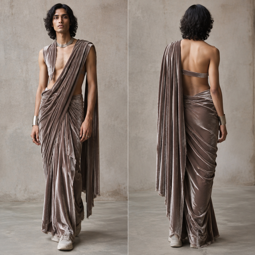 A Unisex Saree design, made of Velvet, with a light, flowing drape, with a minimal-coverage cut, in a Muted & Dusty color palette, in Streetwear style, shown on a model with medium skin tone and a tall figure Present it as professional fashion catalogue photography: the garment is the subject, shown full-length with editorial styling, neutral posing and tasteful, non-suggestive framing.
photorealistic fashion design, A Unisex Saree design, made of Velvet, with a light, flowing drape, with a minimal-coverage cut, in a Muted & Dusty color palette, in Streetwear style, shown on a model with medium skin tone and a tall figure Present it as professional fashion catalogue photography: the garment is the subject, shown full-length with editorial styling, neutral posing and tasteful, non-suggestive framing., streetwear style, just the design no text, show front and back