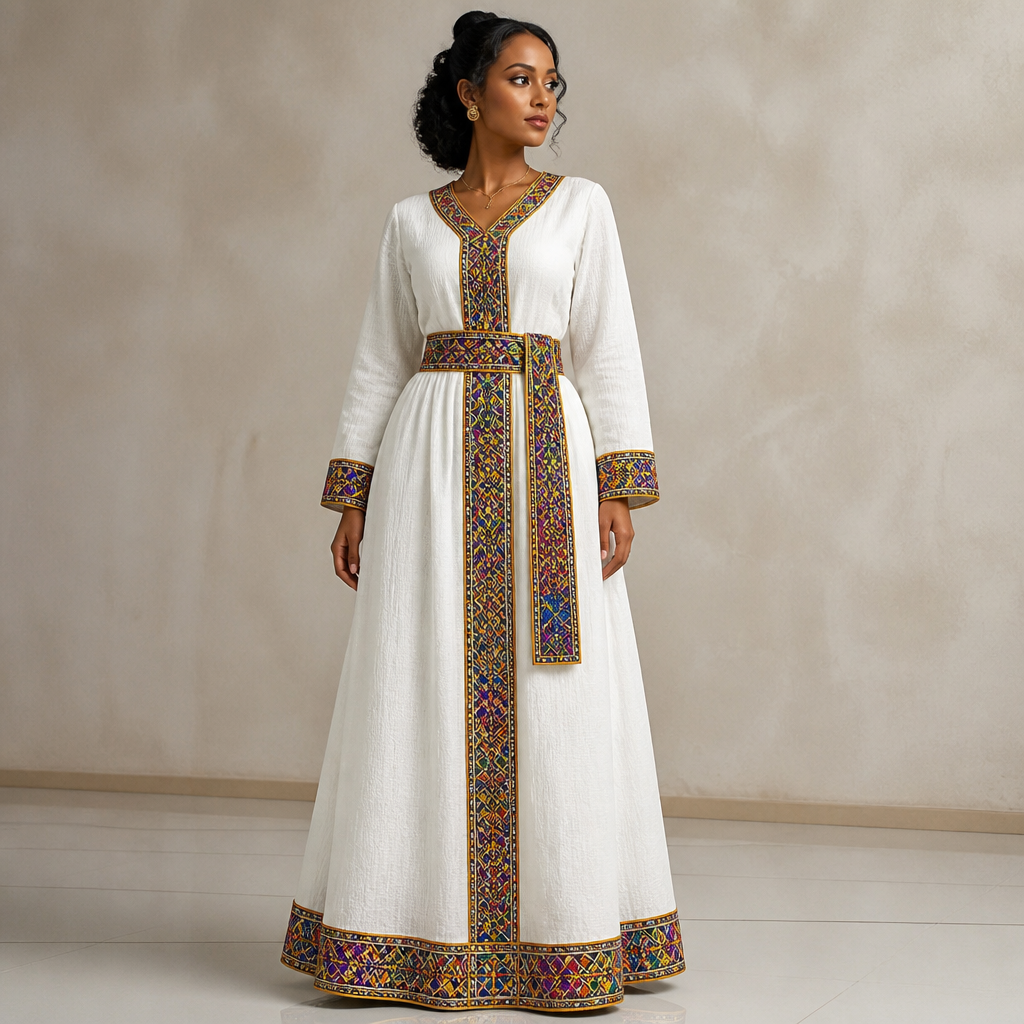 A Female fashion design. Royal Ethiopian Habesha dress using the exact traditional embroidery pattern from the reference photo. The dress is ankle-length, with long sleeves and a matching waist sash (Mekenet). The colorful tilet design runs down the center and highlights the borders, creating a sophisticated and culturally rich look.. Ethiopia fashion aesthetics.
photorealistic fashion design, A Female fashion design. Royal Ethiopian Habesha dress using the exact traditional embroidery pattern from the reference photo. The dress is ankle-length, with long sleeves and a matching waist sash (Mekenet). The colorful tilet design runs down the center and highlights the borders, creating a sophisticated and culturally rich look.. Ethiopia fashion aesthetics., just the design no text