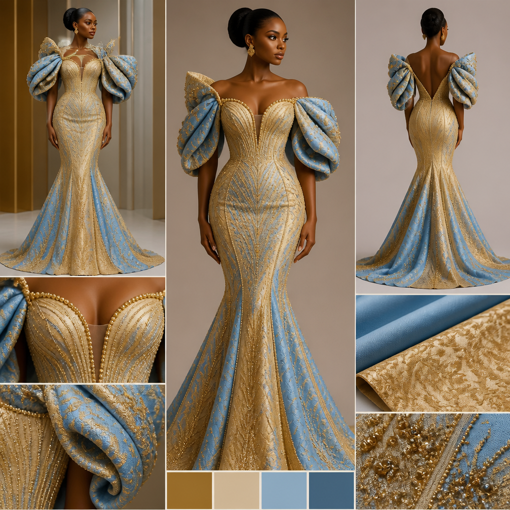 A Female Dress design, suitable for Summer. Please help me generate a mood board for a unique beaded mermaid dress with a sculptured sleeve and colour palette of gold, and royak sky-blue using crepe and damask. And a beautiful neckline. Nigeria fashion aesthetics.
photorealistic fashion design, A Female Dress design, suitable for Summer. Please help me generate a mood board for a unique beaded mermaid dress with a sculptured sleeve and colour palette of gold, and royak sky-blue using crepe and damask. And a beautiful neckline. Nigeria fashion aesthetics., just the design no text