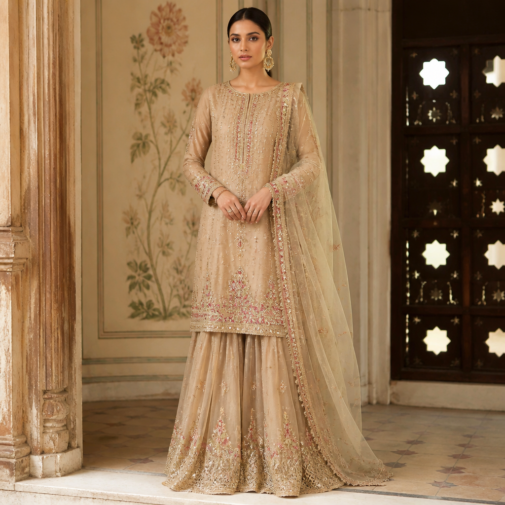 A Lehenga design. Consider Pakistani fashion — shalwar kameez, gharara, sharara; lawn fabrics, chiffon; intricate embroidery and mirror work. Current season is Autumn in Pakistan. Present it as professional fashion catalogue photography: the garment is the subject, shown full-length with editorial styling, neutral posing and tasteful, non-suggestive framing.
photorealistic fashion design, A Lehenga design. Consider Pakistani fashion — shalwar kameez, gharara, sharara; lawn fabrics, chiffon; intricate embroidery and mirror work. Current season is Autumn in Pakistan. Present it as professional fashion catalogue photography: the garment is the subject, shown full-length with editorial styling, neutral posing and tasteful, non-suggestive framing., just the design no text