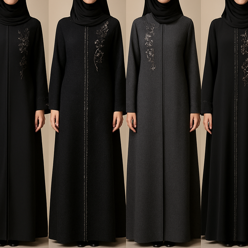 Create me modest abaya that's first in the world, using unique stone design, classy and sophisticated. Keep me 4 designs. Make them rich by adding minimal stone embroidery and stones designs. Showcasing different styles and fabric.