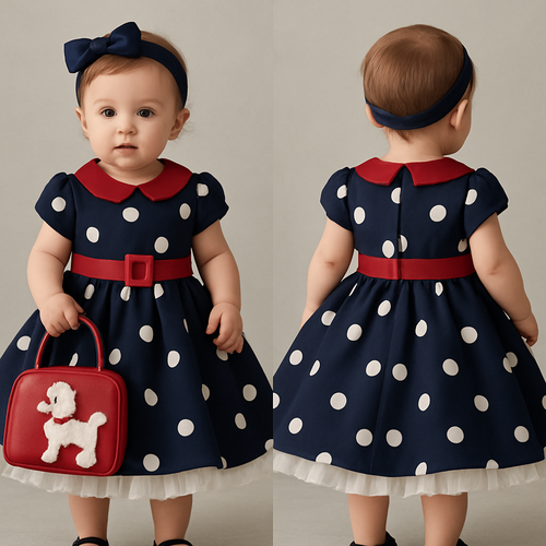 一歳の女の子着用画
暗い紺色ベースに大きめの白い水玉模様の
ロカビリーワンピース
ウエストはキュッと細く、そこから一気にふんわり広がるフレアシルエット
ボリュームのあるサーキュラースカート
ワンピースの裾には白いパニエが少し見える
襟は赤
胸下切り返し部分に襟と同じ色の赤でスクエアバックルベルト
頭には服とリンクしたカチューシャつけて

ハンドバックは程よい丸みのあるボックス型シルエットで、少し光沢のあるレザー風素材
バッグのフロントには、
ロカビリースタイルを象徴するような
**ふわふわのプードル刺繍（またはアップリケ）**がポイントに。
プードルの輪郭を立体モールで描いたり、
小さなポンポン付きの尻尾をつけるとより50’s風の雰囲気
色はワンピースの差し色に合わせたチェリーレッド
短めのトップハンドルは腕にかけて持つ
