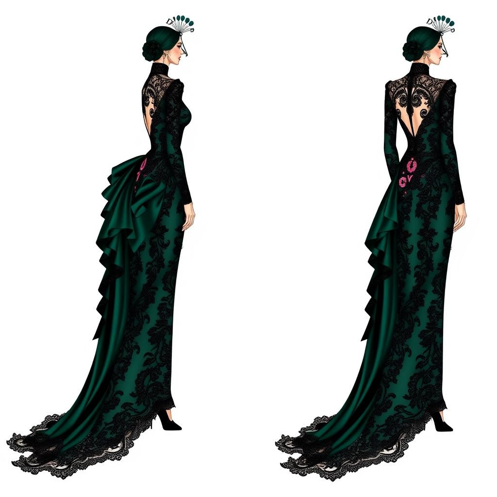 Create me a unique Peacock dress with a little pink in it.met gala dress. But I want it to be modest I want the arms and legs covered. and empowers a Met Gala look. Put “DV” on it somewhere
Design a stunning gothic Peacock dress for the Met Gala, featuring intricately layered black lace and deep emerald satin. The gown should elegantly flow to the floor, with full-length sleeves and a high neck. Subtle hints of soft pink embellishments and the initials "DV" intricately embroidered, exude dark elegance and sophistication.