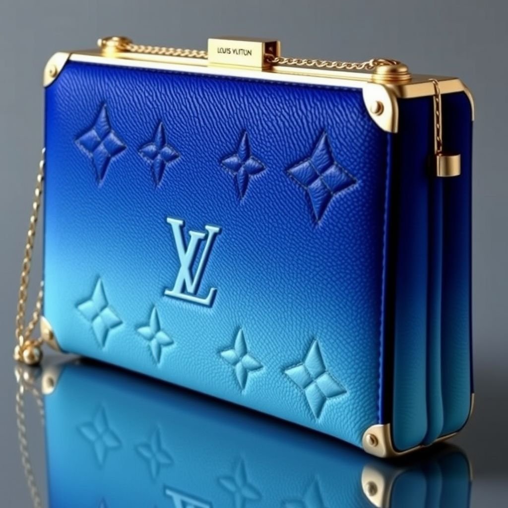 Design a large Louis Vuitton-inspired clutch featuring a vibrant, gradient ombre effect that transitions from deep blue to soft blue. The bag is adorned with intricate, hand-stitched Louis Vuitton motifs and metal edging details. Complete it with a detachable chain strap for versatile wear, combining elegance with a bold statement style.
Envision a stunning oversized Louis Vuitton-inspired clutch, exuding formal sophistication. Crafted with a striking gradient ombre, transitioning from deep royal blue to delicate sky blue, it showcases intricate hand-stitched motifs and polished metal edges. Elegant yet modern, this clutch features a detachable chain strap, making it the perfect accessory for any formal occasion.