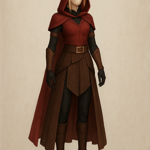 Headwear: A deep red hood draped over light-colored hair.
Torso: A dark-colored undergarment is layered with a red top that has a high collar and a V-neck design.
Waist and Skirt: A belt with a rectangular buckle cinches the waist. Layered brown panels form a short skirt at the front and a long, flowing overskirt that reaches the ankles.
Limbs: The outfit includes long black sleeves and matching black leggings. Brown armbands with gold accents are worn on the upper arms, and matching brown gloves/gauntlets cover the forearms.
Footwear: Brown boots complete the look.