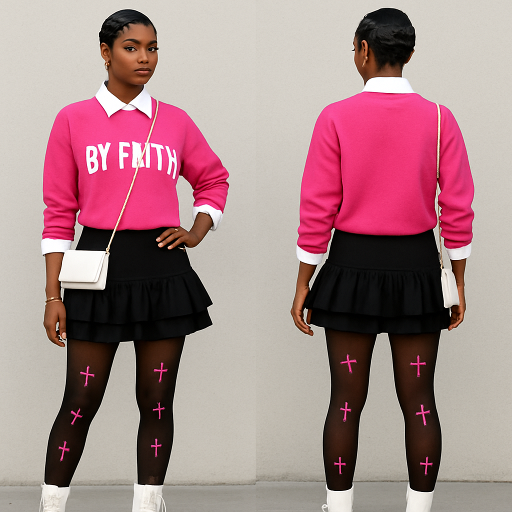 Black girl
Finger waves
White collared shirt
Pick sweater shirt sleeves rolled it says
By Faith in it
Tight short ruffled black skirt
Black stockings with pink crosses on them
White platform boots
Gold jewelry
White crossbody purse
Black girl
Finger waves
White collared shirt
Pick sweater shirt sleeves rolled it says
By Faith in it
Tight short ruffled black skirt
Black stockings with pink crosses on them
White platform boots
Gold jewelry
White crossbody purse
, streetwear style, show front and back