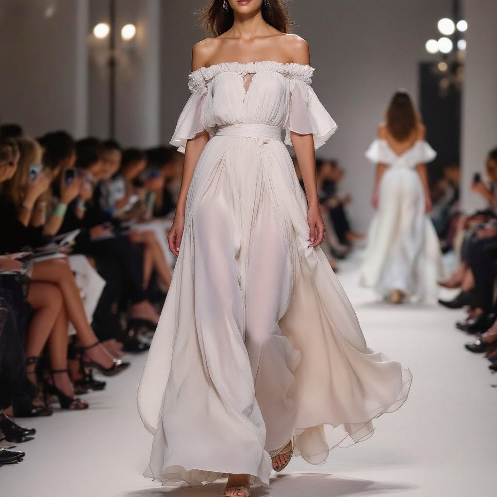 very flowy light colors sleeves are off shoulder the skirt is very flowy
A very flowy, light-colored dress with off-shoulder sleeves, and a very flowy, maxi-length skirt. The fabric is chiffon.