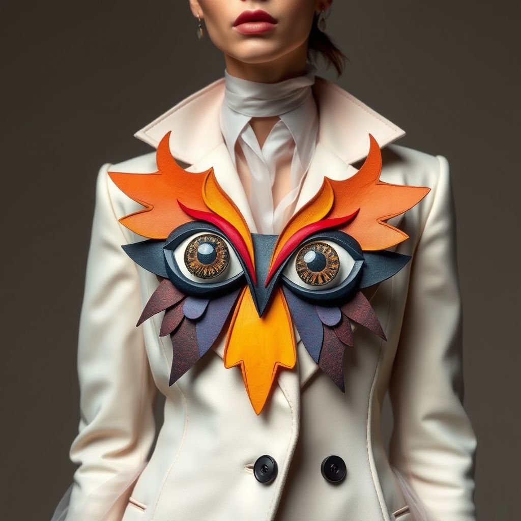 Papier-mâché small brooch which is painted eyes on it
Imagine a whimsical fashion style inspired by avant-garde surrealism. The brooch, crafted from vibrant papier-mâché, features oversized, painted eyes in contrasting hues. Adorning a structured, asymmetrical jacket, the piece evokes an air of mystery. Paired with flowing, sheer fabrics and dramatic silhouettes, this look embodies playful artistry and bold self-expression.