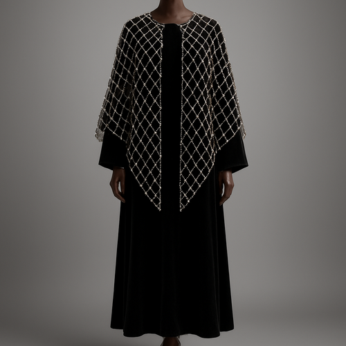 
6) Pearl drape lattice  
Photorealistic full-length black velvet ankle-length abaya on a luxurious polished dark-walnut wooden mannequin with carved pedestal, ankle visible; delicate lattice of small ivory pearls and clear crystals forming a loose overlay from shoulders to mid-thigh, creating a draped cape illusion. Studio: soft diffuse key + subtle rim, soft gray gradient. (Midjourney: --ar 2:3 --v 5 --q 2)