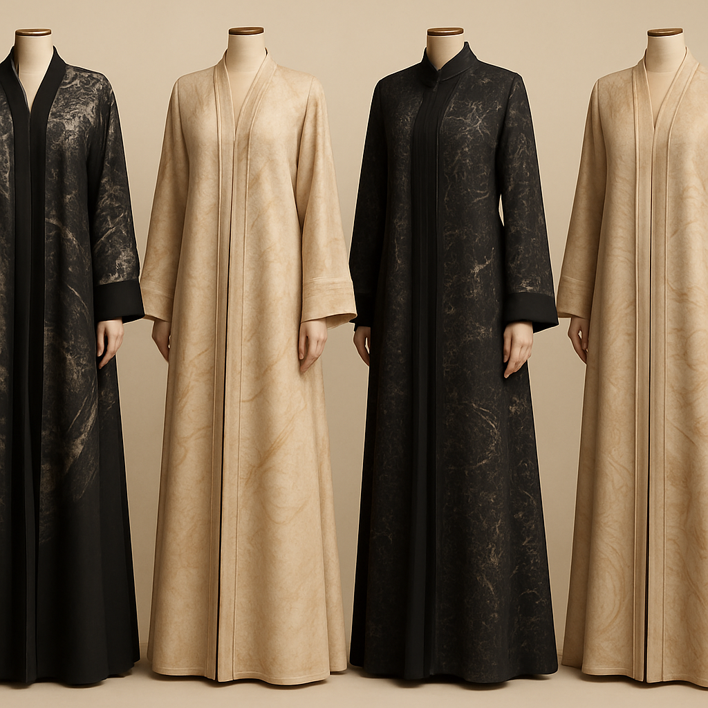 Create a modest two piece abaya, first of its kind, featuring a unique stone design that exudes a classy and sophisticated vibe. I'd like four designs, each showcasing different styles and fabrics. Incorporate high-end, unique chic stone designs to make them truly special. Add little sophisticated stone designs. Make it irresistible!
Create a modest two piece abaya, first of its kind, featuring a unique stone design that exudes a classy and sophisticated vibe. I'd like four designs, each showcasing different styles and fabrics. Incorporate high-end, unique chic stone designs to make them truly special. Add little sophisticated stone designs. Make it irresistible!