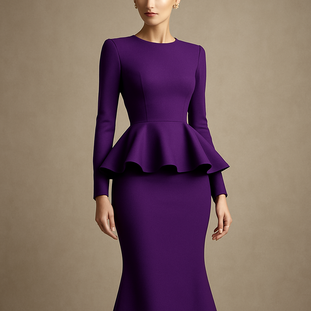 Purple Peplum Dress Midi Length With Long Sleeve
Purple Peplum Dress Midi Length With Long Sleeve, haute_couture style