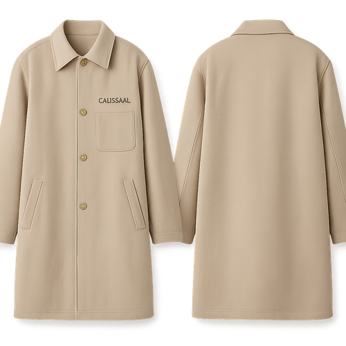 I would
Like a men’s trench coat with simple  and minimal design with the logo
Colossal can you put with a simple soft fabric with pockets only 1 on the chest
 