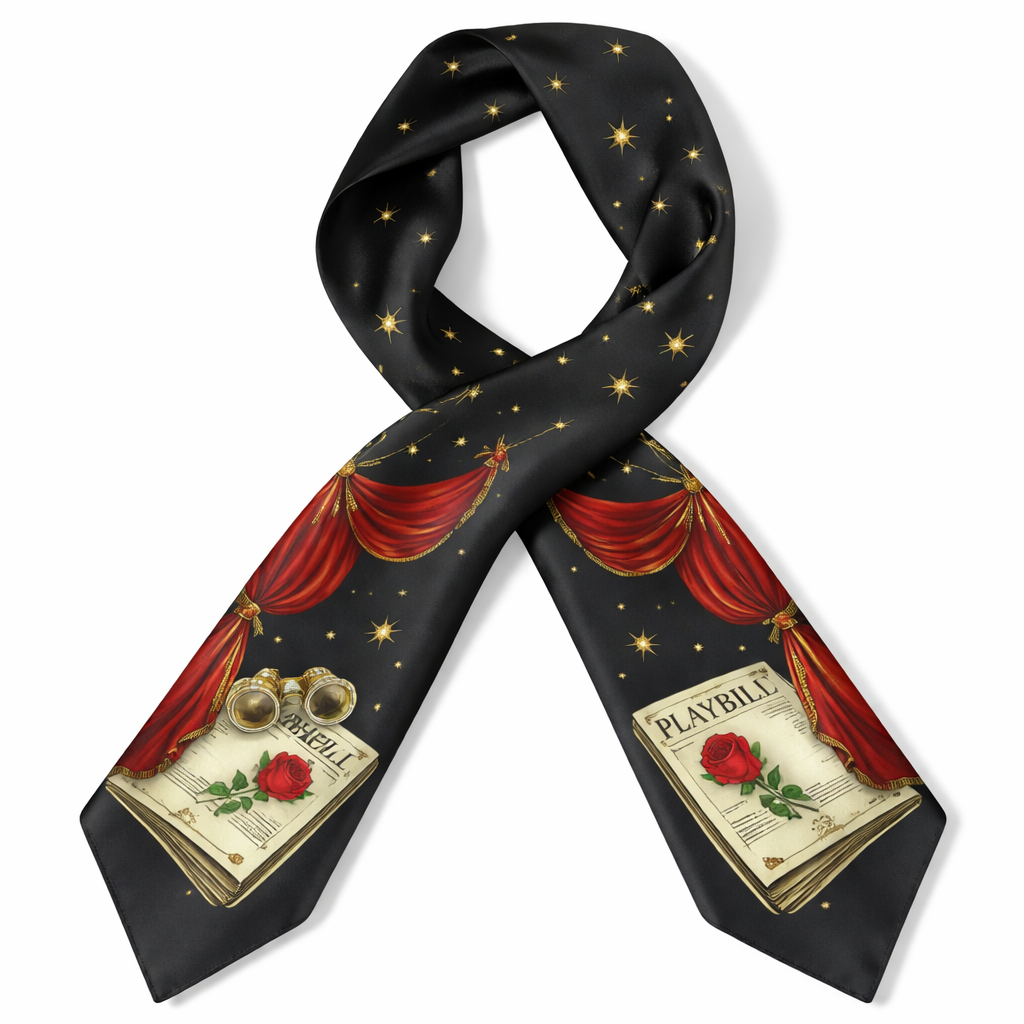 Silk scarf that is 5x86cm designed for someone who is attending a theater production with less detail and less intricate
Silk scarf that is 5x86cm designed for someone who is attending a theater production with less detail and less intricate , classic style