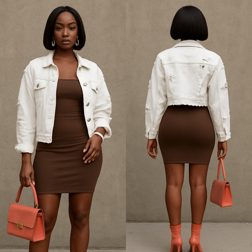 Black woman
Bodycon brown dress 
Whitelong ripped jean jacket 
White  earrings and bracelet 
Bob 
Coral boot heels 
Coral purse 
