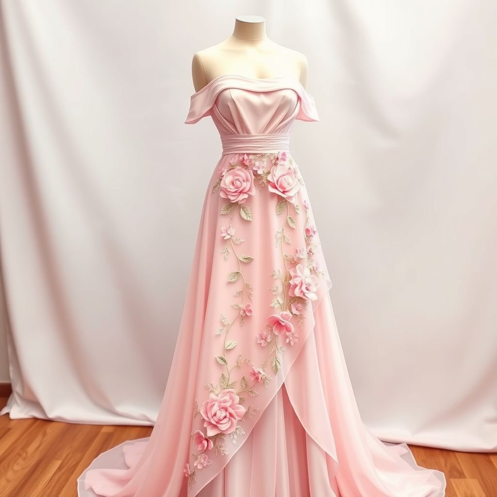 Dress shoulder off long waistband
Design a stunning off-shoulder gown with a flowing, asymmetrical hemline that drapes gracefully to the floor. The long waistband cinches the waist, adorned with intricate floral embroidery that cascades down the fabric. Soft, pastel hues merge seamlessly with shimmering metallic threads, creating an ethereal, romantic look perfect for a summer soirée.