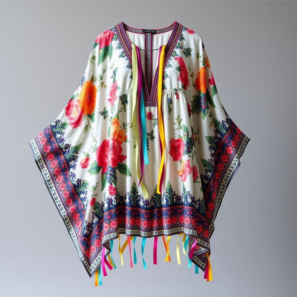 Cotton printed kaftan with lots of cotton printed mini ribbons
Create a flowing cotton kaftan adorned with vibrant floral and geometric prints, featuring delicate mini ribbons in contrasting colors cascading from the neckline and hem. The billowy silhouette embraces effortless elegance, while the playful ribbons add a whimsical touch. Perfect for summer outings, it blends bohemian chic with modern flair.