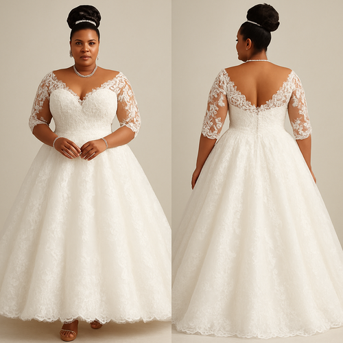 Black woman
Thick woman 
Updo with pearls 
Wedding dress ball gown 
Lace chest melted 
Tight waist 
Flower designs
Diamond necklace and diamond bracelet 
Ballroom style dress with flare out 
Breast cut 
Lifted up chest
Lace sleeves with clear designs 
Clear heels