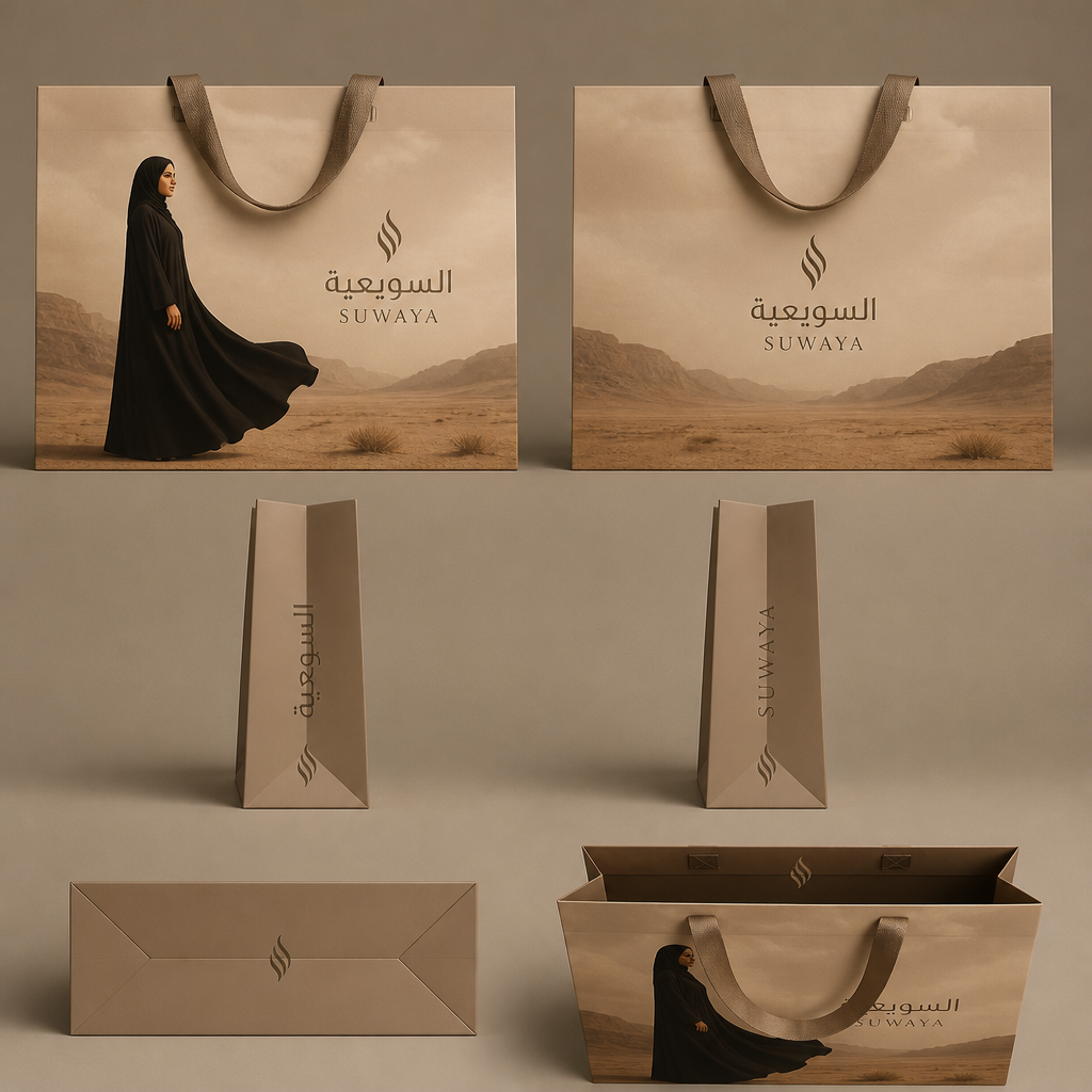 Use the FIRST Al Suwaya’a logo design as the exact visual reference. I want the new design to look like the original logo I selected — do not create a different style or redesign the concept.
Keep the same elegant desert scene, the same beautiful woman, the same flowing abaya silhouette, and the same sophisticated earthy beige, sand, taupe and warm brown tones. The woman should wear a plain black flowing abaya with NO belt, NO waist strap, NO tie, and no extra details. Add a simple elegant hijab that matches the original luxurious look.
The brand name must be clearly written in both languages:
السويعية
SUWAYA
Keep the typography elegant, minimal and luxurious, matching the original logo.
SHOPPING BAG — PRINT-READY
Design the shopping bag as a complete packaging mockup showing ALL sides clearly:
* Front
* Back
* Left side
* Right side
* Bottom
* Handles
* Inside/top opening
The front and back should have the Al Suwaya’a logo/design, while the sides can have the Arabic and English brand name in a subtle elegant layout.
Use the same earthy luxury color palette throughout. The bag should look like a premium Emirati abaya boutique: elegant, feminine, minimal, sophisticated and expensive-looking.
Most important: the FIRST logo I selected is the reference. Keep its exact aesthetic and feeling. Do not make it cartoonish, overly decorated, colorful, or completely different from the original.
photorealistic fashion design, Use the FIRST Al Suwaya’a logo design as the exact visual reference. I want the new design to look like the original logo I selected — do not create a different style or redesign the concept.
Keep the same elegant desert scene, the same beautiful woman, the same flowing abaya silhouette, and the same sophisticated earthy beige, sand, taupe and warm brown tones. The woman should wear a plain black flowing abaya with NO belt, NO waist strap, NO tie, and no extra details. Add a simple elegant hijab that matches the original luxurious look.
The brand name must be clearly written in both languages:
السويعية
SUWAYA
Keep the typography elegant, minimal and luxurious, matching the original logo.
SHOPPING BAG — PRINT-READY
Design the shopping bag as a complete packaging mockup showing ALL sides clearly:
* Front
* Back
* Left side
* Right side
* Bottom
* Handles
* Inside/top opening
The front and back should have the Al Suwaya’a logo/design, while the sides can have the Arabic and English brand name in a subtle elegant layout.
Use the same earthy luxury color palette throughout. The bag should look like a premium Emirati abaya boutique: elegant, feminine, minimal, sophisticated and expensive-looking.
Most important: the FIRST logo I selected is the reference. Keep its exact aesthetic and feeling. Do not make it cartoonish, overly decorated, colorful, or completely different from the original., just the design no text