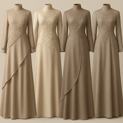 Create me modest two piece that's first in the world, using unique stone design, classy and sophisticated. Keep me 4 designs. Make them rich by adding minimal stone embroidery and stones designs. Showcasing different styles and fabric.