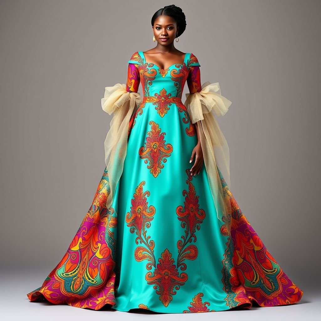 Create Ankara princess dart bustier gown with Aline sleeves
Design an enchanting Ankara gown featuring a fitted princess dart bustier, adorned with intricate motifs in vibrant hues. The A-line silhouette flows effortlessly, while ethereal, billowy sleeves cascade gracefully, embellished with hand-stitched sequins. Complement with a cinched waist to accentuate curves, evoking a regal yet contemporary African-inspired fairy tale aesthetic.