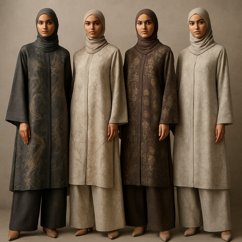 Create a modest abaya and loose pant, first of its kind, featuring a unique stone design that exudes a classy and sophisticated vibe. I'd like four designs, each showcasing different styles and fabrics. Incorporate high-end, unique chic stone designs to make them truly special. Add little sophisticated stone designs. Make it irresistible with designs that stands out.