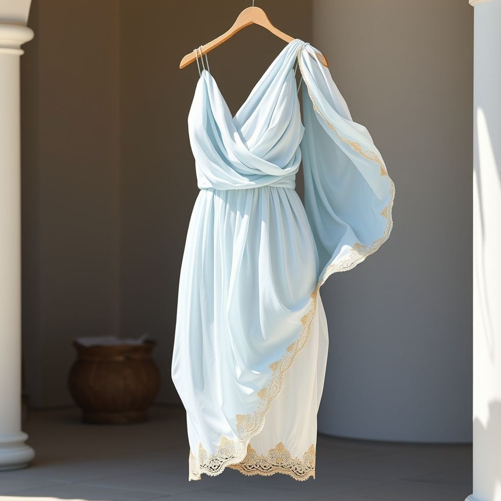 שמלת קצרה של קיץ סטייל יוון
A short summer dress inspired by Greek fashion, adorned with flowing, lightweight fabric in dreamy azure and crisp white hues. The dress features elegant draping, reminiscent of ancient togas, with delicate gold filigree accents. Perfect for sunlit terraces, it captures the essence of effortless elegance and sun-soaked sophistication, evoking timeless Mediterranean vibes.