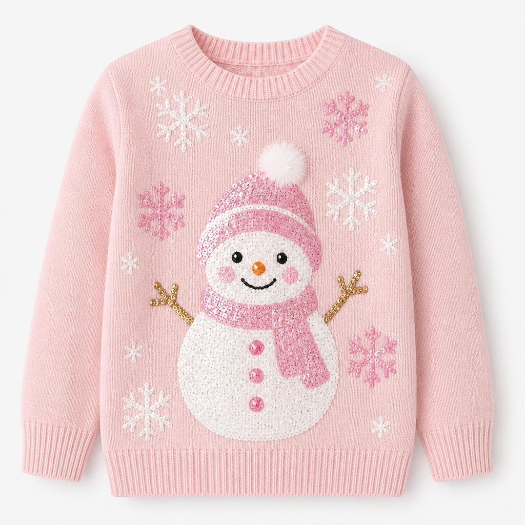 kids sweater similar to the referenced photo with a sequined snowman and snowflakes in pink and white
photorealistic fashion design, kids sweater similar to the referenced photo with a sequined snowman and snowflakes in pink and white, just the design no text
