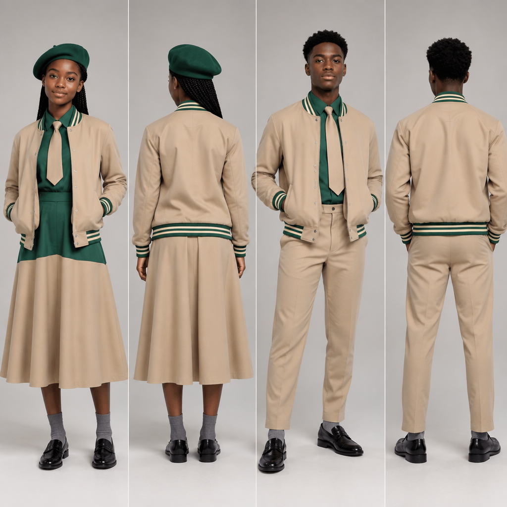 photorealistic fashion design, Design a light brown baseball jacket with green accents for both male and female. Light brown arms .No writings on the jacket . Use black teenagers as models. show back and front face.
A fit and flare dress top half green and bottom half light brown,covering chest area,almost reaching ankles. Green barrett, light brown tie and grey socks for the female.
A light brown relaxed trouser reaching ankles. Green shirt, light brown tie and grey socks for the male.
Nice black school shoes for both. Both must be wearing baseball jacket. Use shamrock green. South Africa fashion aesthetics. Present it as professional fashion catalogue photography: the garment is the subject, shown full-length with editorial styling, neutral posing and tasteful, non-suggestive framing., just the design no text, show front and back. Refinement: baseball jacket main color to light brown
photorealistic fashion design, photorealistic fashion design, Design a light brown baseball jacket with green accents for both male and female. Light brown arms .No writings on the jacket . Use black teenagers as models. show back and front face.
A fit and flare dress top half green and bottom half light brown,covering chest area,almost reaching ankles. Green barrett, light brown tie and grey socks for the female.
A light brown relaxed trouser reaching ankles. Green shirt, light brown tie and grey socks for the male.
Nice black school shoes for both. Both must be wearing baseball jacket. Use shamrock green. South Africa fashion aesthetics. Present it as professional fashion catalogue photography: the garment is the subject, shown full-length with editorial styling, neutral posing and tasteful, non-suggestive framing., just the design no text, show front and back. Refinement: baseball jacket main color to light brown , just the design no text
